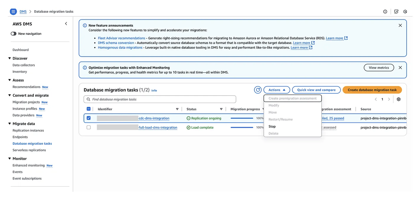 DMS console — selecting Stop task from the Actions menu