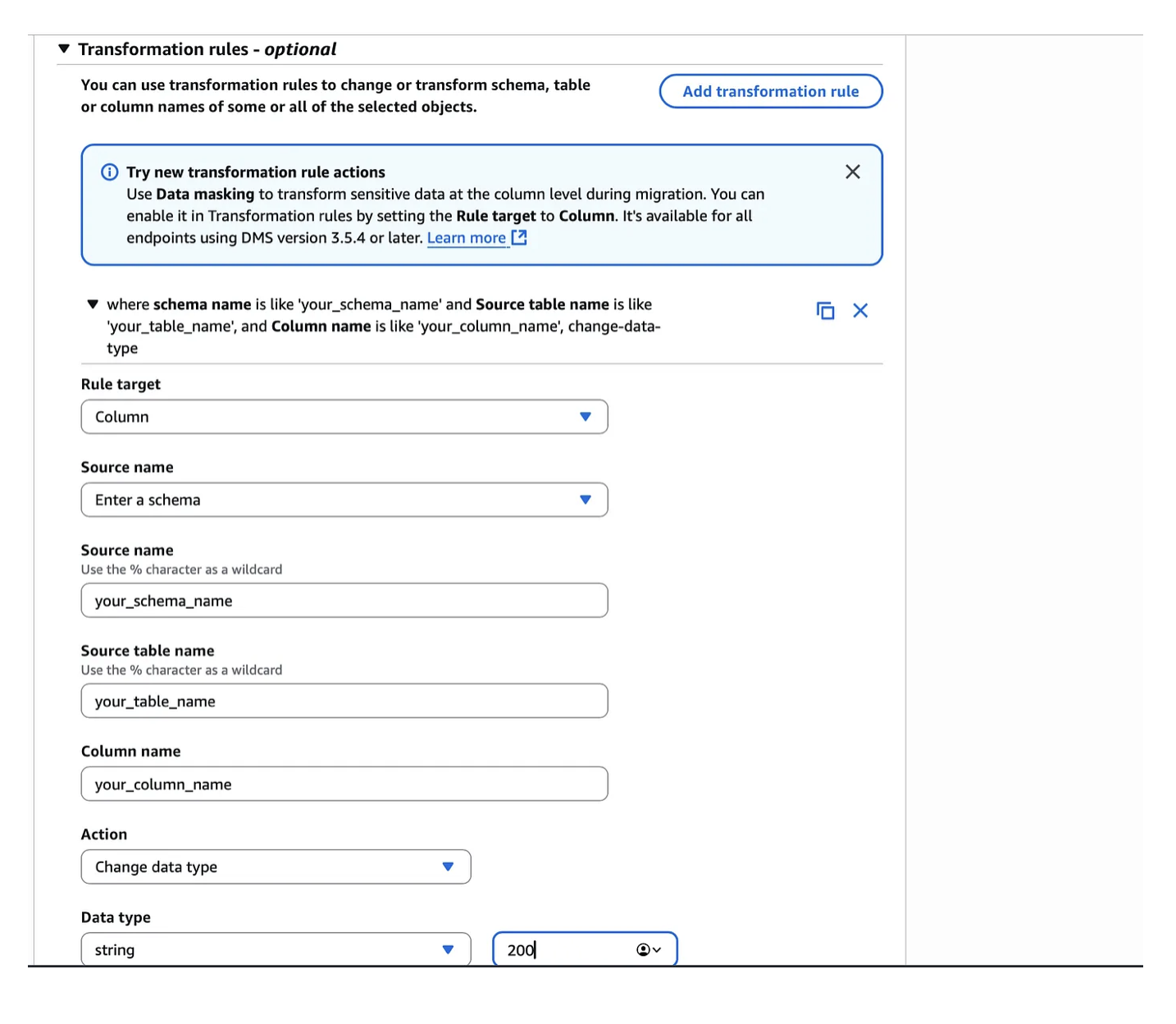 DMS Transformation rules — converting LOB column to string with doubled length